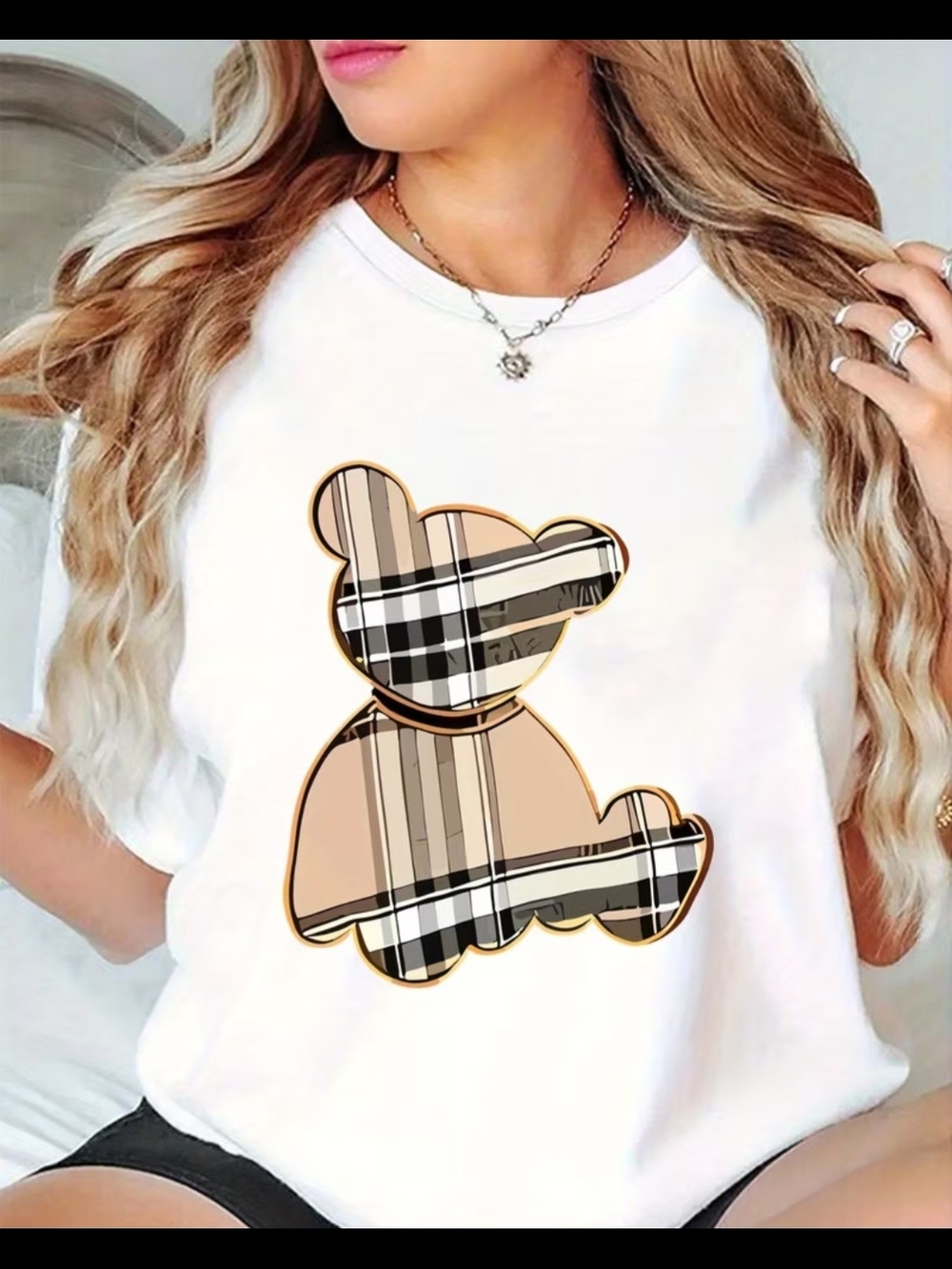 White Plaid Bear Graphic White w/ Beige & Black Available In M,L,XL